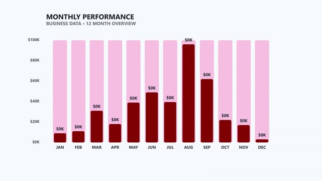 Red monthly performance bar chart showing twelve month business data overview graph annual report finance statistics graph annual report finance statistics