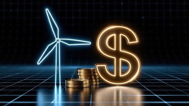 Renewable energy investment visualized: A stylized neon wind turbine stands beside a glowing dollar sign and a stack of gold coins. ..Created with Generative AI, not depicting real subjects.