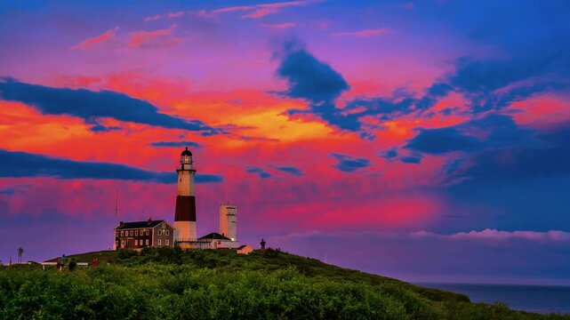 Crimson clouds glow above coastal fortifications on the eastern tip of Long Island.