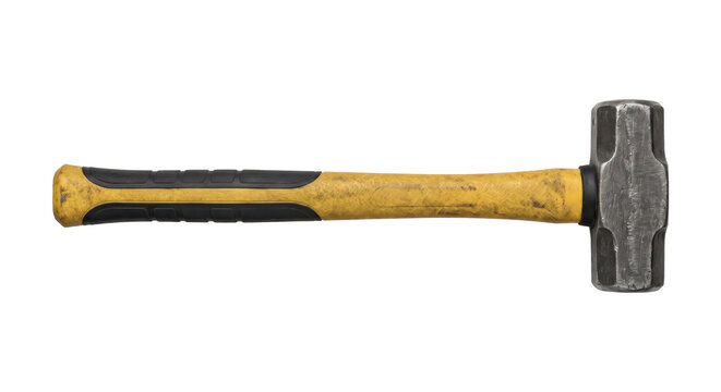 Heavy duty yellow and black handled sledgehammer with a textured metal head, isolated on a clean white background