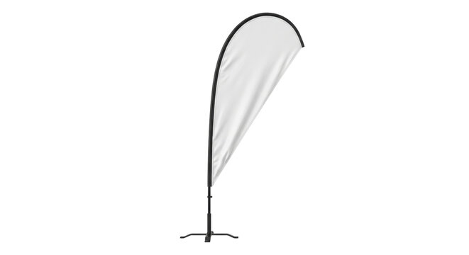 Blank white teardrop flag banner, also known as a feather flag, stands upright on a black base against a clean white background
