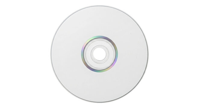 Single blank white CD-R disc with a reflective rainbow center, isolated on a clean white background