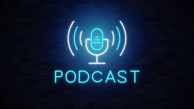 Blue Neon Podcast Logo and Microphone Icon on Dark Brick Wall Background
