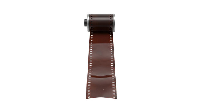 Brown photographic film roll with a long strip of film extending downwards, isolated on a clean white background