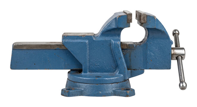Sturdy blue metal bench vise with a silver handle is prominently displayed on a clean white background, showcasing its robust construction