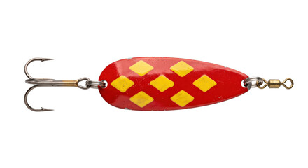 Obraz premium Vibrant red and yellow patterned fishing lure with a sharp treble hook, isolated on a clean white background
