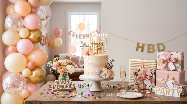 Festive birthday party decor with balloons, flowers, cake, gifts, confetti, and elegant tableware suitable for celebration events.