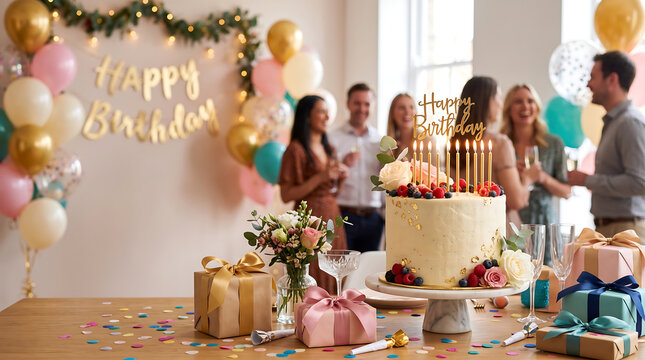 Decorative birthday balloons, cake, flowers, and gift boxes perfect for party invitations, greeting cards, event promotions, and festive designs.