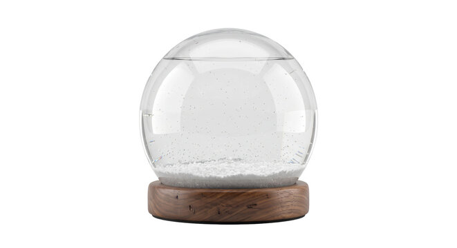 Empty clear glass snow globe with a dark wooden base and white artificial snow inside, isolated on a clean white background