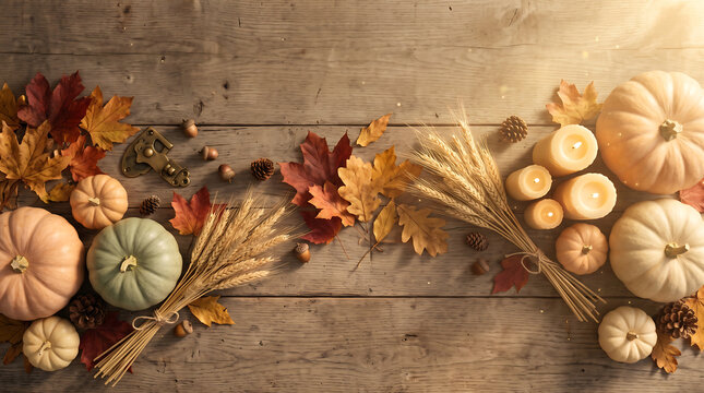 Fall harvest scene with maple leaves, pumpkins, wheat stalks, candles on a wooden table. Perfect for autumnthemed designs.