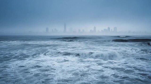 Foggy Ocean View with Turbulent Waves and Distant City Skyline in Mist