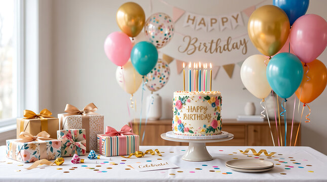 Birthday event decorations, this vibrant image showcases birthday balloons, a floral cake, decorative gifts, festive party table, and more.