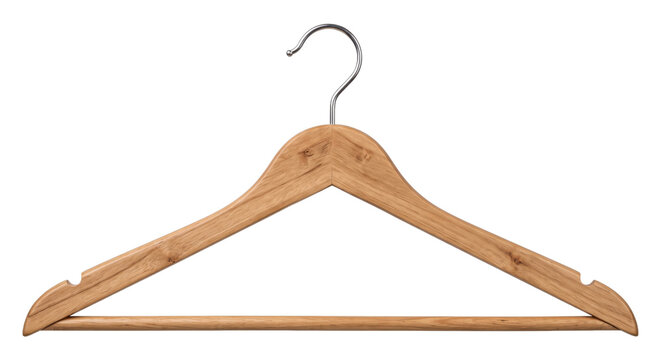 Single light brown wooden clothes hanger with a shiny metal hook is isolated on a clean white background