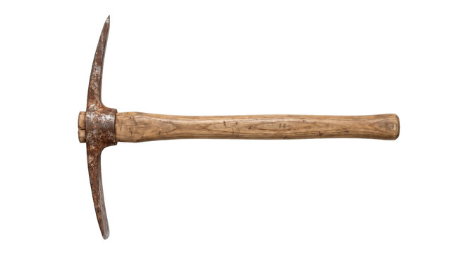 Old rusty pickaxe with a wooden handle is horizontally positioned against a clean white background, showcasing its weathered texture