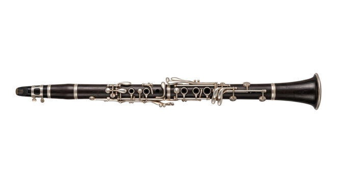 Dark wooden clarinet with shiny silver keys is precisely centered on a clean white background, captured with studio lighting