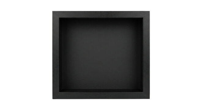 Empty black wooden square shadow box frame with textured surface isolated on a clean white background