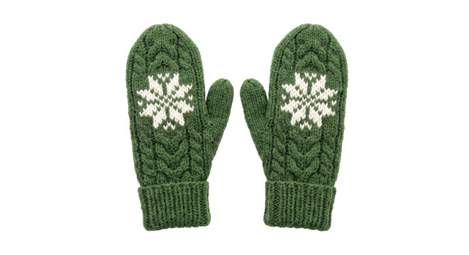 Pair of green knitted mittens with white snowflake pattern, featuring a cable knit design, isolated on a clean white background