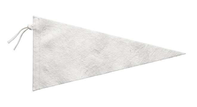 Blank white pennant flag made of textured fabric with a tied string on the left side, isolated on a clean white background