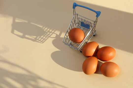 Chicken eggs in mini supermarket trolley on a beige background with sunlight