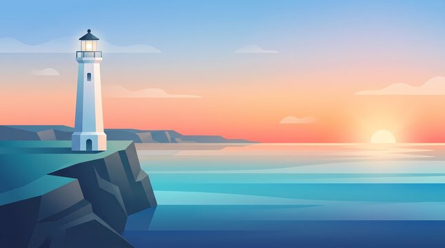 Lighthouse on cliff coast landscape vector background at sunset