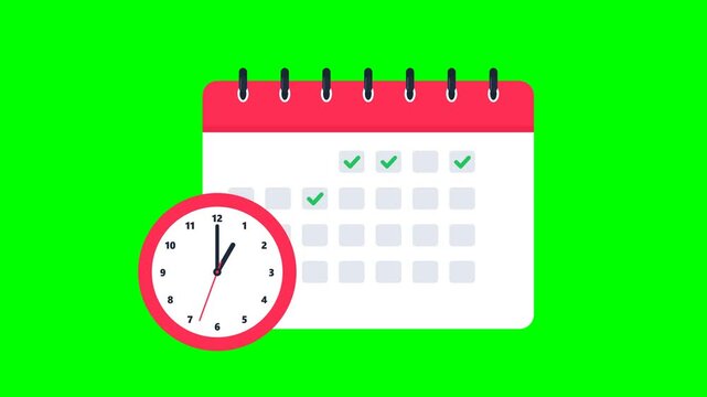 Animated Calendar and Clock Showing Time Management with Green Checkmarks on Green Screen Chroma Key
