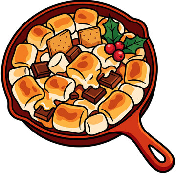 Cozy skillet toasted holiday smores with melted marshmallows chocolate and graham crackers vector illustration isolated on transparent background