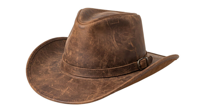 Rugged brown leather cowboy hat with a wide brim and decorative band is isolated on a clean white background