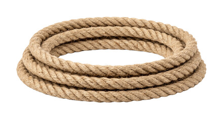 Thick, natural fiber rope coiled neatly in a circular shape, isolated on a clean white background © no one