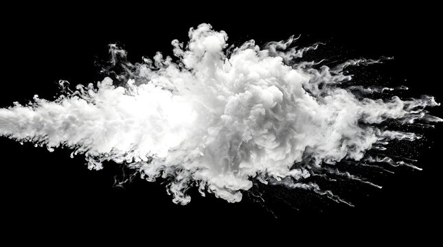 A dynamic white smoke explosion isolated on transparent background, featuring intricate swirling textures and soft plumes for creative design projects