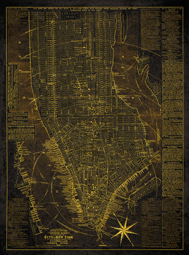 New York City Historic Travel Guide Map Black And Gold Manhattan from Battery to 63rd Street, 1877