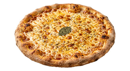 Delicious round cheese pizza with a golden crust and dried herbs, featuring a single bay leaf on a white background © no one