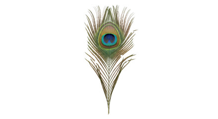 Single vibrant peacock feather with iridescent blue and green eye-spot, isolated on a clean white background, showcasing its intricate texture © no one