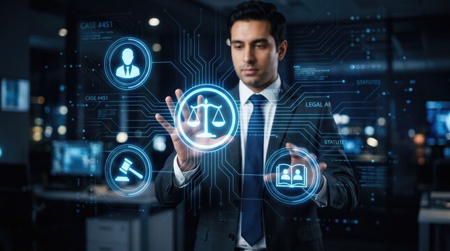 Professional interacting with digital legal icons in futuristic