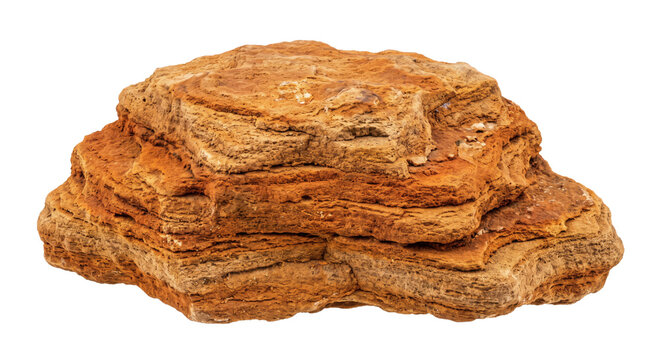 Large, textured, layered brown sandstone rock with visible erosion and natural patterns, isolated on a clean white background