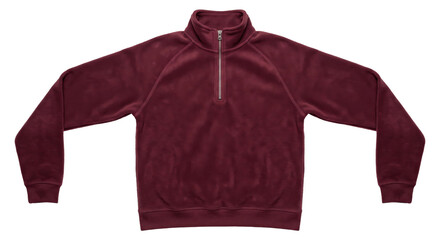 Comfortable maroon fleece quarter-zip sweatshirt with a silver zipper and ribbed cuffs, presented flat on a clean white background © no one