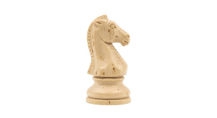 Single light-colored wooden chess knight piece stands upright, facing right, isolated on a clean white background © no one