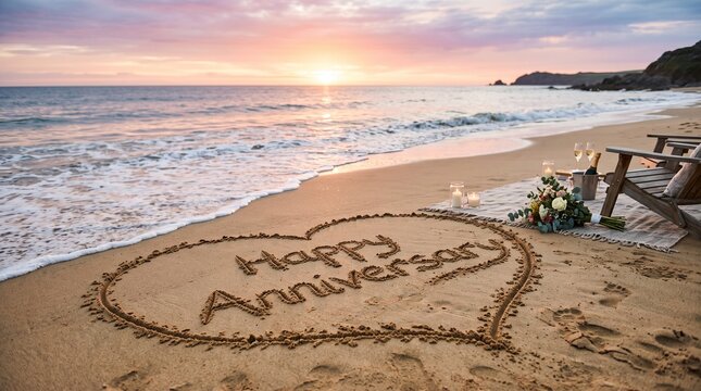 A romantic Happy Anniversary message written in a heart shape on a sandy beach during a golden sunset with chairs, champagne, and flowers beside the ocean waves