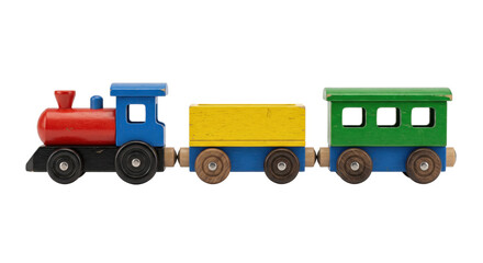 Colorful wooden toy train with red, blue, yellow, and green carriages is perfectly aligned on a clean white background © no one