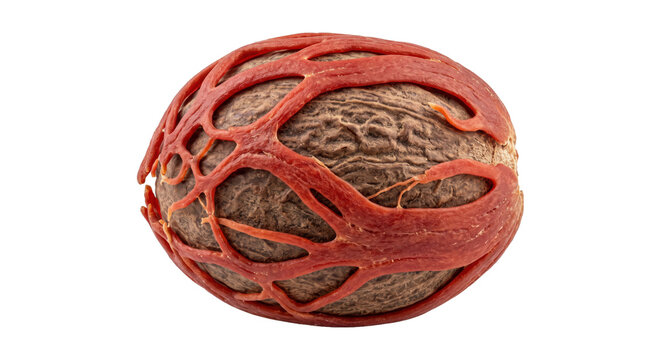 Single whole nutmeg seed, partially covered by its vibrant red mace aril, is isolated on a clean white background
