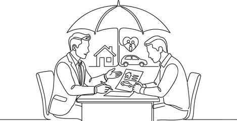 Fototapeta premium Insurance Agent Explains Policy Under Umbrella with Home Car Family Icons