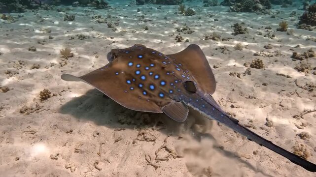 Blue spotted stingray swimming gracefully over sandy seabed in clear ocean water