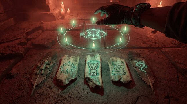 Halloween Occult Summoning Ritual, Hands Performing Voodoo Magic in a Misty Temple With Glowing Magic Circle, Voodoo Doll, Candles, Drum and Ancient Scroll Holographic Icons
