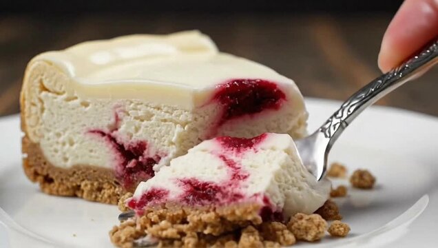 Delicious creamy cheesecake slice with raspberry swirl being eaten with a silver fork