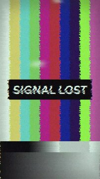 A distressed, glitching screen displays a bold 'SIGNAL LOST' message amidst vibrant, desaturated test pattern bars, evoking a sense of digital disruption and communication failure