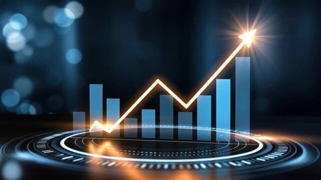 A dynamic 3D render displays a glowing upward trend line graph over a futuristic circular interface. ..Created with Generative AI, not depicting real subjects.