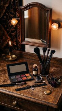 Vintage makeup vanity setup with a mirror, cosmetic brushes, eyeshadow palette, and glowing warm lights on a rustic wooden table