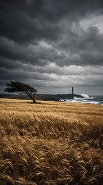 Lonely Tree in Golden Wheat Field Under Dramatic Stormy Sky Near Lighthouse and Ocean Waves