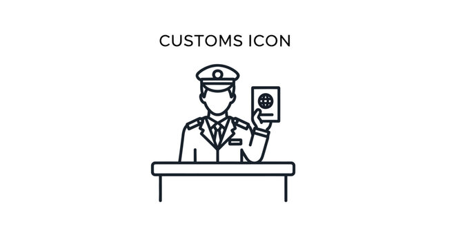 Official customs officer with passport at desk, graphic icon representing border control and international travel, for immigration, security, and global logistics concepts.