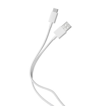 White USB-A and USB-C cable with curved cord, isolated on transparent cutout background