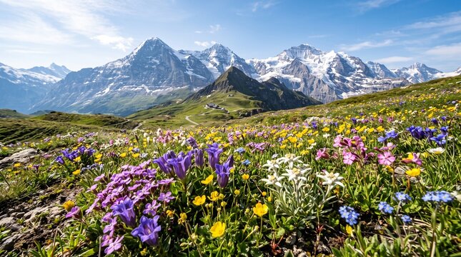  Colorful Alpine Wildflowers Blooming in Meadow Facing Snow-Capped Eiger Monch and Jungfrau Peaks